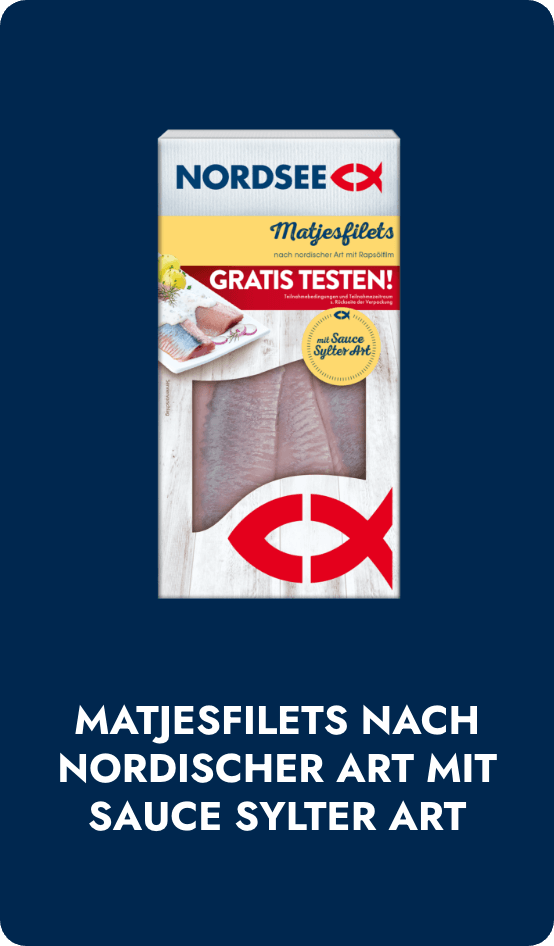 Abbildung des Aktionsproduktes NORDSEE Matjesfilets nach nordischer Art mit Sauce Sylter Art im Aktionsdesign