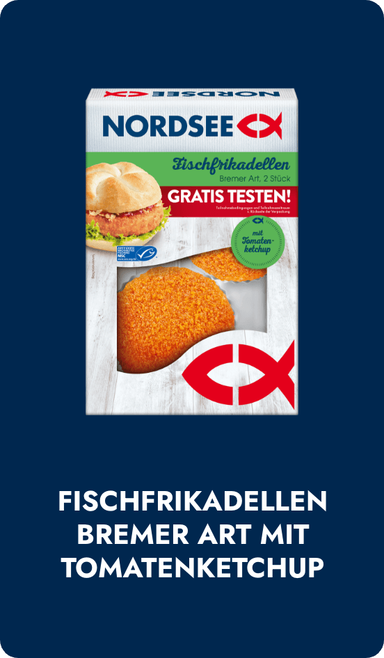 Abbildung des Aktionsproduktes NORDSEE Fischfrikadellen Bremer Art mit Tomatenketchup im Aktionsdesign