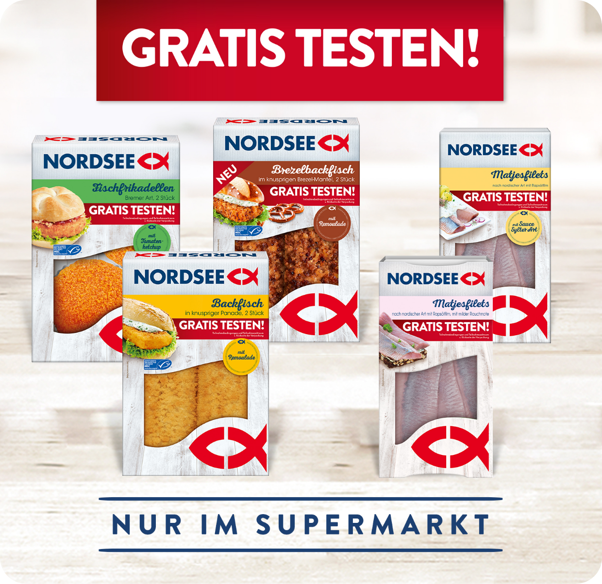 Abbildung der NORDSEE Produkte, die an der Aktion teilnehmen: Backfisch mit
                                    Remoulade, Brezelbackfisch mit Remoulade, Frischfrikadellen Bremer Art mit
                                    Tomatenketchup, Matjesfilets nach nordischer Art mit milder Rauchnote, Matjesfilets
                                    nach nordischer Art mit Sauce Sylter Art