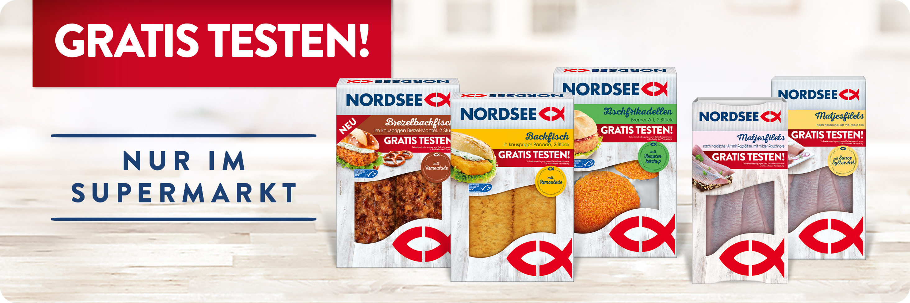 Abbildung der NORDSEE Produkte, die an der Aktion teilnehmen: Backfisch mit
                                    Remoulade, Brezelbackfisch mit Remoulade, Frischfrikadellen Bremer Art mit
                                    Tomatenketchup, Matjesfilets nach nordischer Art mit milder Rauchnote, Matjesfilets
                                    nach nordischer Art mit Sauce Sylter Art